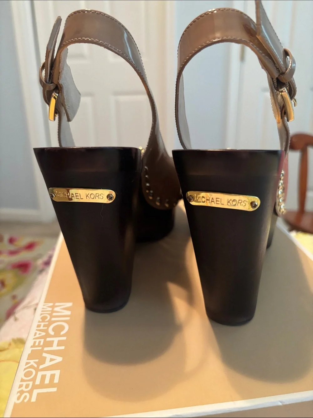 Michael Kors Tan Patent Leather Platform Slingback Sandals with Gold MK Hardware